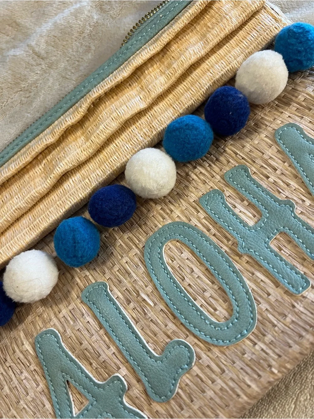 Aloha Straw Pom Pom Zip Pouch in Teal and Natural Clutch
